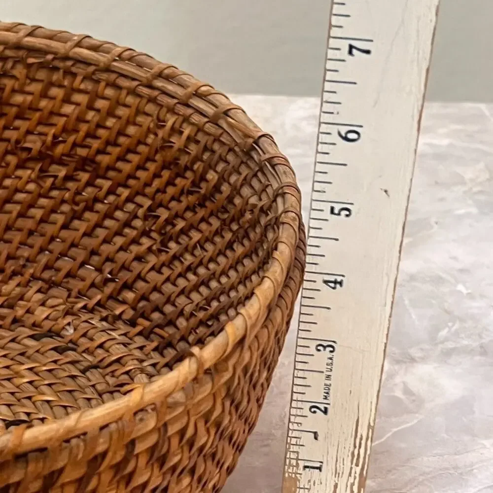 Natural Rattan Round Fruit Basket Weaved Aged Patina 10.5
